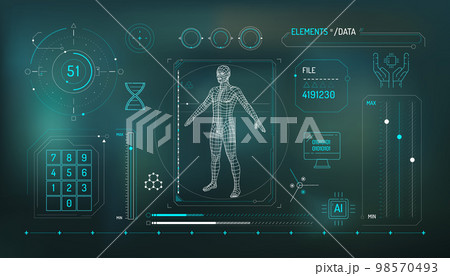 Set of infographic elements about DNA research and digital technologies. 98570493