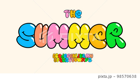 Smiling bubble letters, cute alphabet in cartoon graffiti style, funny font for childrens books, birthday greetings, kid game logos, shirt typography, cool playful design. Vector typographic design Smiling bubble letters, cute alphabet in cartoon graffiti style, funny font for childrens books, birthday greetings, kid game logos, shirt typography, cool playful design. Vector typographic design 98570638