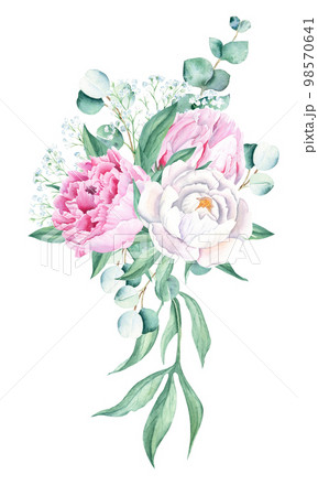 Watercolor bouquet, white and pink peony, eucalyptus and gypsophila branches. Hand painted illustration isolated on white background. Can be used for greeting cards, wedding invitations, save the date 98570641