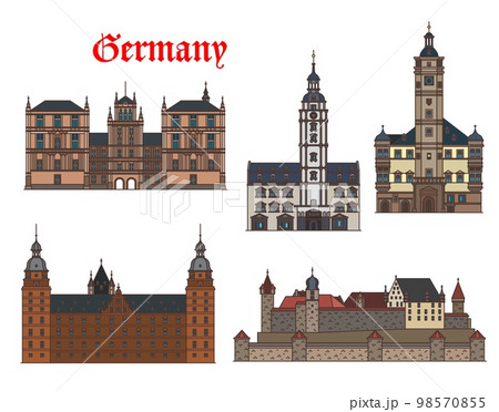 Germany architecture buildings, castles of Bavaria and Thuringia, vector landmarks. German city Altenburg, Gera, Coburg and Aschaffenburg buildings, Veste Fortress, Ehrenburg or Johannisburg castle Germany architecture buildings, castles of Bavaria and Thuringia, vector landmarks. German city Altenburg, Gera, Coburg and Aschaffenburg buildings, Veste Fortress, Ehrenburg or Johannisburg castle 98570855