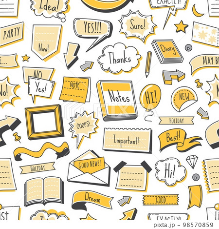 Bullet journal seamless pattern, doodle diary calendar banners, ribbons, arrows. Vector background with element for sketchbook, message, notebook, sticker or border with clouds in linear style 98570859