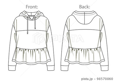 Vector fashion sketch sweatshirt with frills, woman hooded sweatshirt technical drawing, fashion CAD, flat, template, long sleeved hoodie. Jersey or fleece sweatshirt with front, back view,white color 98570860