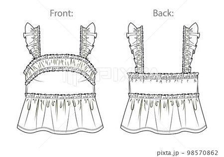 Vector sleeveless top with ruffles fashion CAD, woman tank top with frills and shoulder straps technical drawing, template, sketch, flat. Jersey or woven fabric top with front, back view, white color 98570862