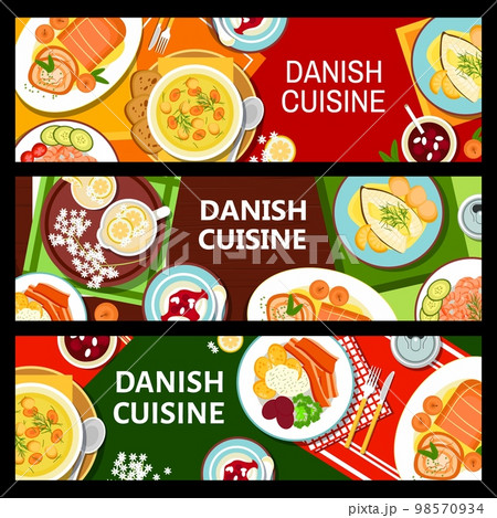 Danish cuisine meals menu banners. Roast pork with baked apples, meatball potato soup and elderflower lemonade, shrimp cocktail, fried cod and pork belly and parsley sauce, almond pudding Risalamande 98570934