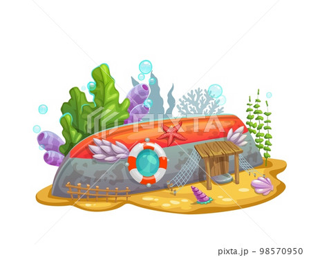Underwater cartoon sunken boat house building. Vector rusty bottom up boat with porthole, lifebuoy and door with fish net, wooden fence, corals and seaweeds around. Cute fairy tale fantasy home 98570950