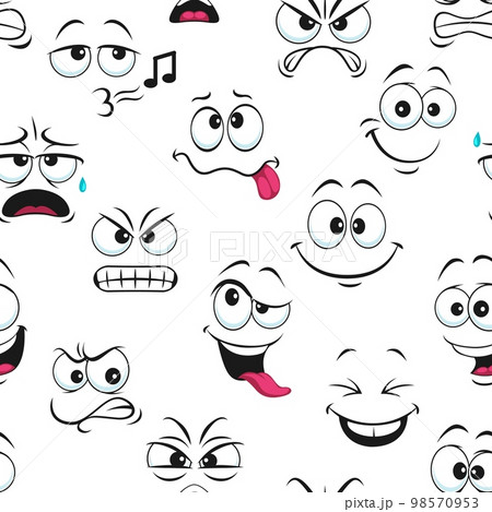 Cartoon faces seamless pattern. Funny facial expressions, angry and smiling, whistling, foolish emoji faces vector background, fabric or textile caricature print or wrapping paper comical backdrop Cartoon faces seamless pattern. Funny facial expressions, angry and smiling, whistling, foolish emoji faces vector background, fabric or textile caricature print or wrapping paper comical backdrop 98570953