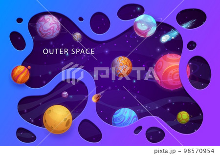 Papercut space landscape. Cartoon galaxy planets. Outer space, interstellar travel and galaxy exploration 3d wallpaper or banner, paper cut background with alien, fantastic planets, stars and comets 98570954