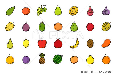 Raw fruit color line icons. Farm harvest outline symbols, healthy food thin line vector pictogram tropical fruits with mango, peach and grape, pear, melon, pitaya, kiwi and watermelon, plum icons 98570961