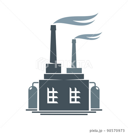 Factory building, industrial plant icon. Heavy industry and manufacturing, energy and chemicals production vector symbol, fuel refinery and environment pollution sign with factory tanks and chimneys 98570973