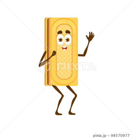 Cartoon cookie or waffle character. Vector appetizer, wafer with chocolate filling, cute personage with smiling face and big eyes. Isolated live confectionery, funny cookie, pastry snack 98570977