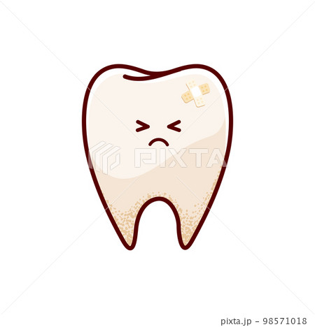 Cartoon sick tooth character. Dental problem or disease, oral hygiene, teeth paint or carries damage. Injured and unhealthy molar tooth isolated vector personage closed eyes face with medical patch 98571018