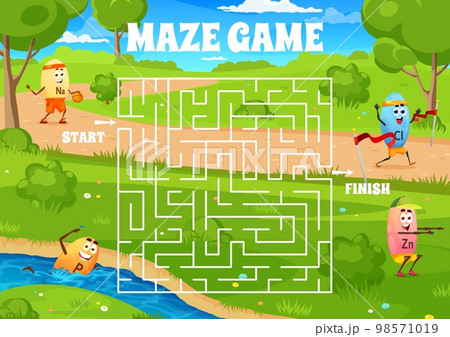 Labyrinth maze. Help to cartoon micronutrient sportsman character find a finish. Find way game worksheet, kids labyrinth vector quiz with swimming, running and squatting Na, P, Zn, Cl cute vitamins 98571019