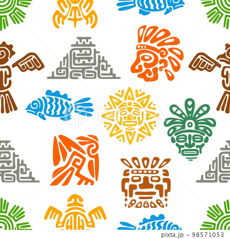 Mayan Aztec totems seamless pattern. Fabric or textile print, wrapping paper color backdrop with Mexico native Maya culture, Aztec indian pyramid, fish and sun, eagle, face mask symbols ornament 98571053
