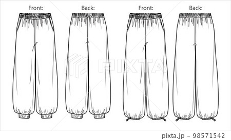 Vector woman fleece jogger technical drawing, utility style pants with waistband and side pockets detail fashion CAD, template, sketch, flat. Woman trousers with front, back view, white colour Vector woman fleece jogger technical drawing, utility style pants with waistband and side pockets detail fashion CAD, template, sketch, flat. Woman trousers with front, back view, white colour 98571542