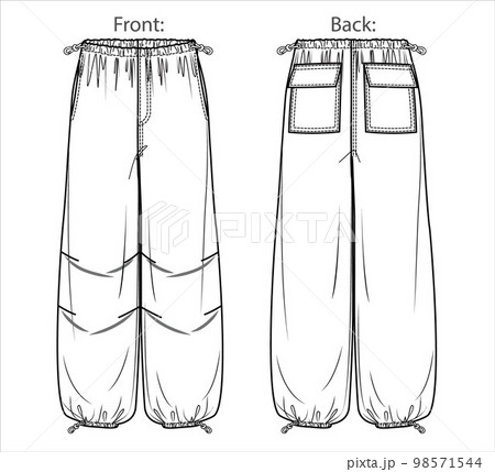 Pajama pants technical fashion illustration with elastic low waist rise  full length drawstrings pockets Flat knit trousers apparel template  front back white color Women men unisex CAD mockup Stock Vector Image 