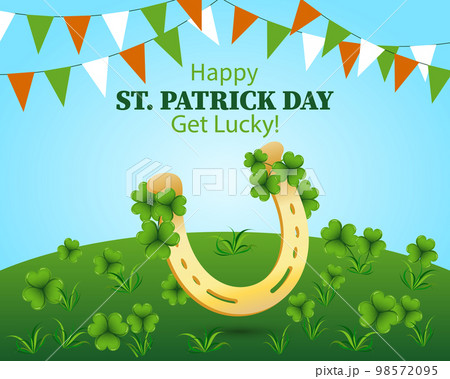 St. Patrick's Day, a golden horseshoe with clover leaves, garlands with flags and a congratulatory inscription. Illustration, banner, postcard, vector 98572095