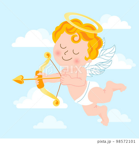 Cute cupid with bow and arrow, baby angel with a halo in the sky with clouds. Illustration, vector 98572101