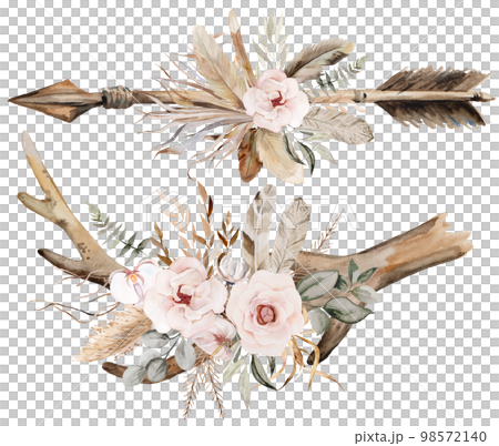 Watercolor arrow and deer antlers with tropical leaves and flowers bouquet, brown and beige Boho Wedding illustration 98572140