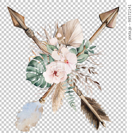Watercolor crossed arrows with tropical leaves and flowers bouquet, brown and beige Boho Wedding illustration Watercolor crossed arrows with tropical leaves and flowers bouquet, brown and beige Boho Wedding illustration 98572141