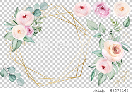 Frame made of pink watercolor flowers and light green leaves, wedding and greeting illustration 98572145