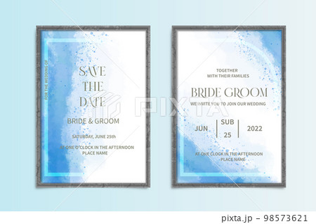 Wedding frame Invitation cards blue design collection in watercolor style. Watercolor texture background, brochure, invitation template. 98573621