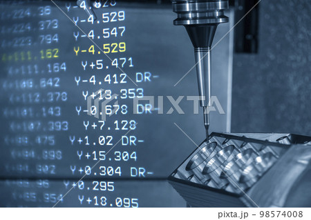 Abstract scene the 5-axis machining center cutting the V8 engine cylinder block and G-code data background. 98574008
