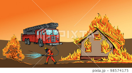 Vector drawing. Unreasonable work. A fireman puts out a bush instead of a house Vector drawing. Unreasonable work. A fireman puts out a bush instead of a house 98574175