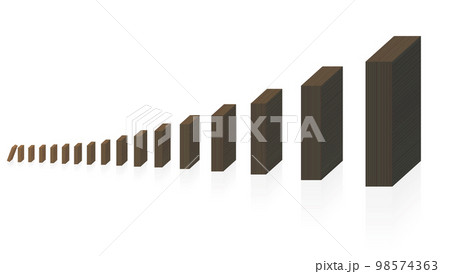 Domino chain reaction with increasing pieces. The smallest one starts, the bigger dominoes are still standing. Symbol for dangerous development and aggravation. Isolated vector on white. 98574363