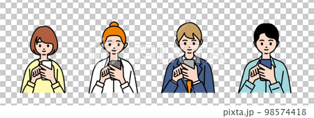 Four men and women fiddling with smartphones 98574418