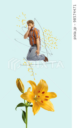 Scared frightened young man looking at spring bloom flowers. Creative colorful design. Modern art collage. Concept of pollen allergy, holiday, women's day, beauty. Scared frightened young man looking at spring bloom flowers. Creative colorful design. Modern art collage. Concept of pollen allergy, holiday, women's day, beauty. 98574471