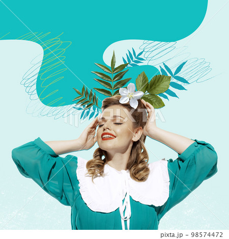 Creative colorful design. Modern art collage. Beautiful young woman with flowers. Concept of holiday, women's day, beauty. Copy space for ad. Abstract contemporary portrait of young woman. Creative colorful design. Modern art collage. Beautiful young woman with flowers. Concept of holiday, women's day, beauty. Copy space for ad. Abstract contemporary portrait of young woman. 98574472