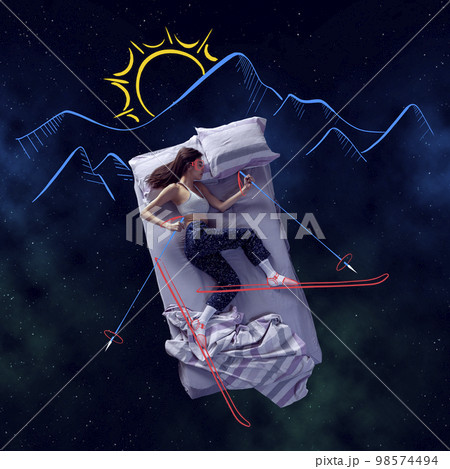Creative design with line art. Young girl sleeping and dreaming about skiing in snowy mountains. Vacation 98574494
