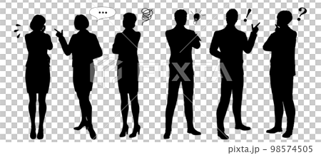 六個男人和女人的剪影插圖,其中包括一個困惑的女人、一個有疑問的人以及一個有想法的男性商人。 六個男人和女人的剪影插圖,其中包括一個困惑的女人、一個有疑問的人以及一個有想法的男性商人。 98574505