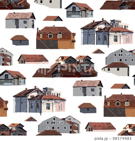 Repeated pattern of a small cozy houses with red tiled roofs Repeated pattern of a small cozy houses with red tiled roofs 98574983