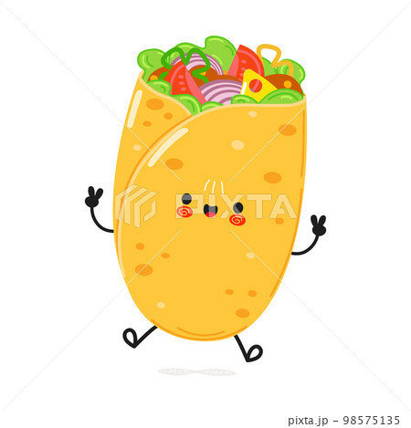 Cute funny burrito jumping character. Vector hand drawn cartoon kawaii character illustration icon. Isolated on white background. Burrito character concept Cute funny burrito jumping character. Vector hand drawn cartoon kawaii character illustration icon. Isolated on white background. Burrito character concept 98575135