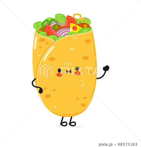 Cute funny burrito waving hand character. Vector hand drawn cartoon kawaii character illustration icon. Isolated on white background. Burrito character concept 98575163