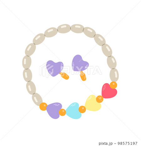 Kids jewelry. Cartoon drawing of bracelet and earrings from colorful beads for children isolated on white. 98575197
