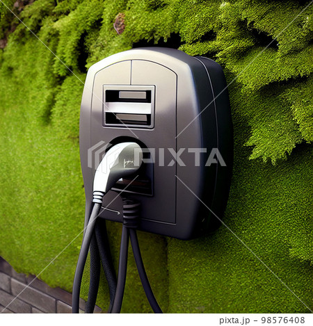 New charging station for electric car on brick wall at home, charging pillar with copy space , space for text New charging station for electric car on brick wall at home, charging pillar with copy space , space for text 98576408