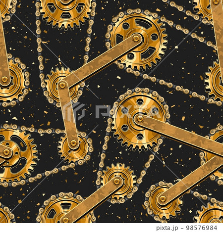 Seamless pattern with gold gears, bike chains, rivets 98576984