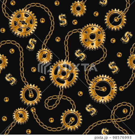 Seamless background with gold gears, chains, beads, dollar sign 98576993