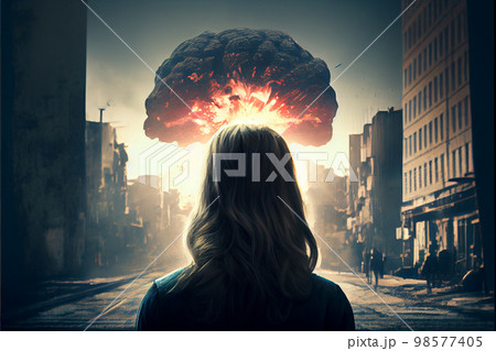 Active young woman in looking at distant nuclear explosion in the field. Fantastic apocalyptic landscape 98577405