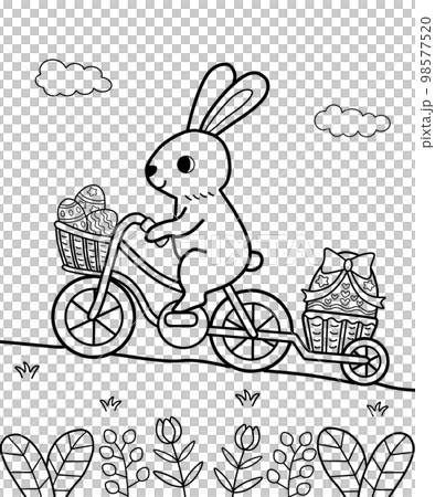 自転車に乗ったイースターバニーと卵の塗り絵 98577520