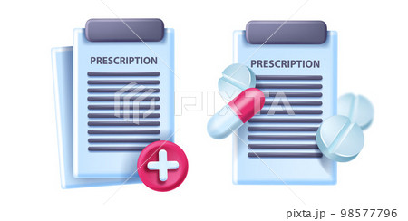 3D prescription pharmacy icon, insurance control medical concept, pills, capsule, clipboard on white 98577796