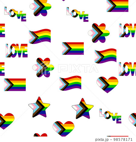 Seamless pattern with new lgbt flag, hearts, text, flower and flag. Gay pride. Pride Month. Love, lgbtq Seamless pattern with new lgbt flag, hearts, text, flower and flag. Gay pride. Pride Month. Love, lgbtq 98578171