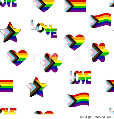 Seamless pattern with new lgbt flag, hearts, text, flower and flag. Gay pride. Pride Month. Love, lgbtq 98578188