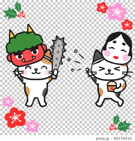 A friendly calico cat enjoying bean-scattering on Setsubun A friendly calico cat enjoying bean-scattering on Setsubun 98578410