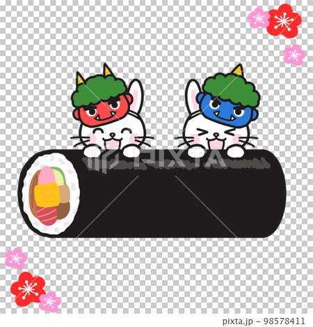 Setsubun ingredients: Rabbits wearing demon masks and biting into ehomaki rolls 98578411