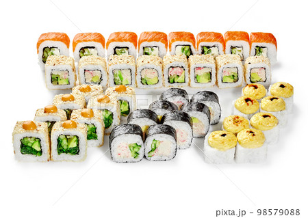 Set of delicious sushi rolls for Japanese style friendly party Set of delicious sushi rolls for Japanese style friendly party 98579088