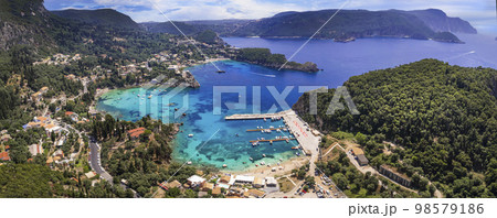 Greece. Corfu island best beaches. Stunning Paleokastritsa bay with turquoise sea. Aerial drone view 98579186