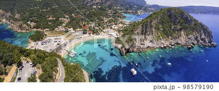 Greece. Corfu island best beaches. Stunning Paleokastritsa bay with turquoise sea. Aerial drone view 98579190